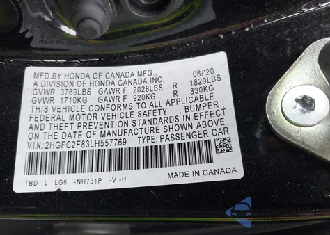 2020 Honda Civic Sport from USA, damaged, VIN 2HGFC2F83LH557769